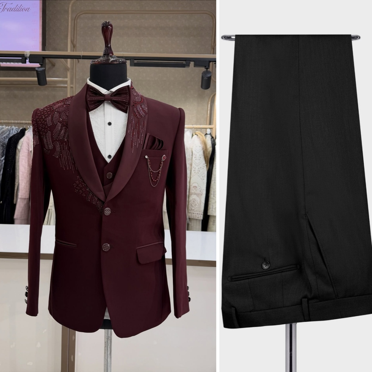 Men Formal Wear For Wedding - 3 Pieces Groom Wedding Tuxedos Beading